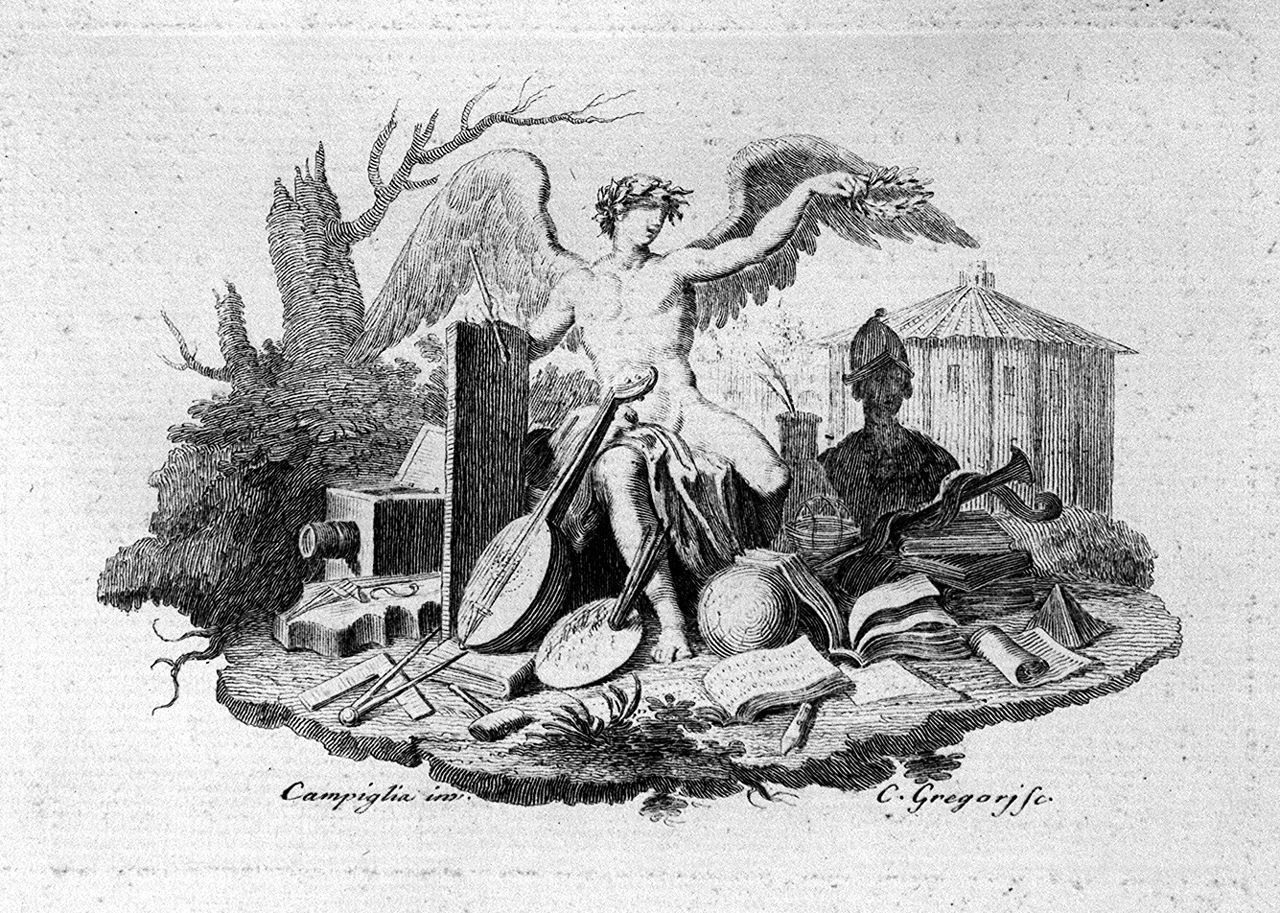 allegoria delle arti (stampa, elemento d'insieme) di Gregori Carlo, Campiglia Giovanni Domenico (sec. XVIII)