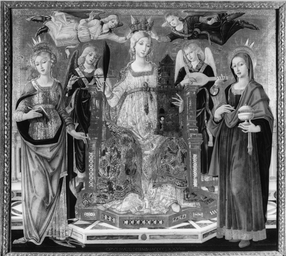 Santa Barbara, Santa Maria Maddalena, Santa Caterina d'Alessandria e angeli (dipinto) di Matteo di Giovanni di Bartolo (sec. XV)