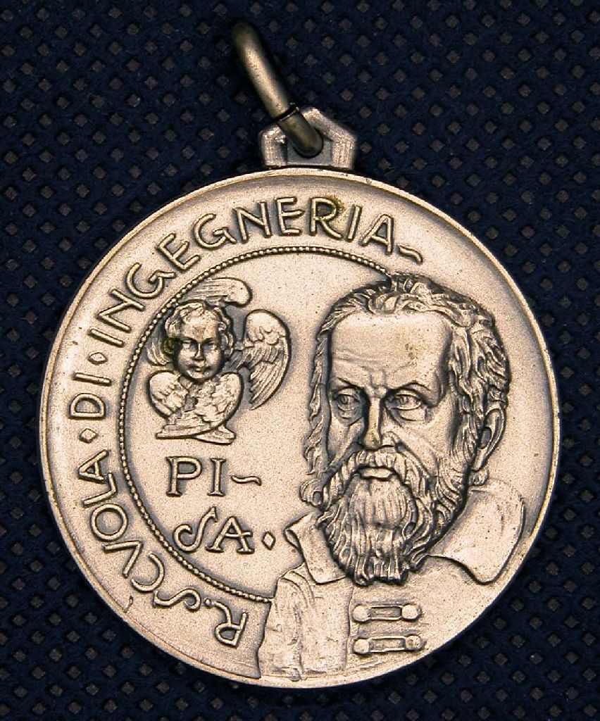 Diritto: Busto di Galileo Galilei, Cherubino e iscrizione; Rovescio: nel mezzo uuna targhetta su fascio littorio, in basso due rami di quercia (medaglia) di Nelli M (sec. XX)