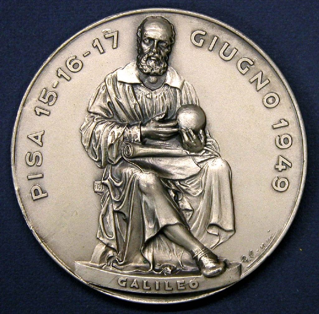 Diritto: Riproduzione della statua di Galileo Galilei; Rovescio: Liscio (medaglia, opera isolata) di Picchiani, Barlacchi (sec. XX)