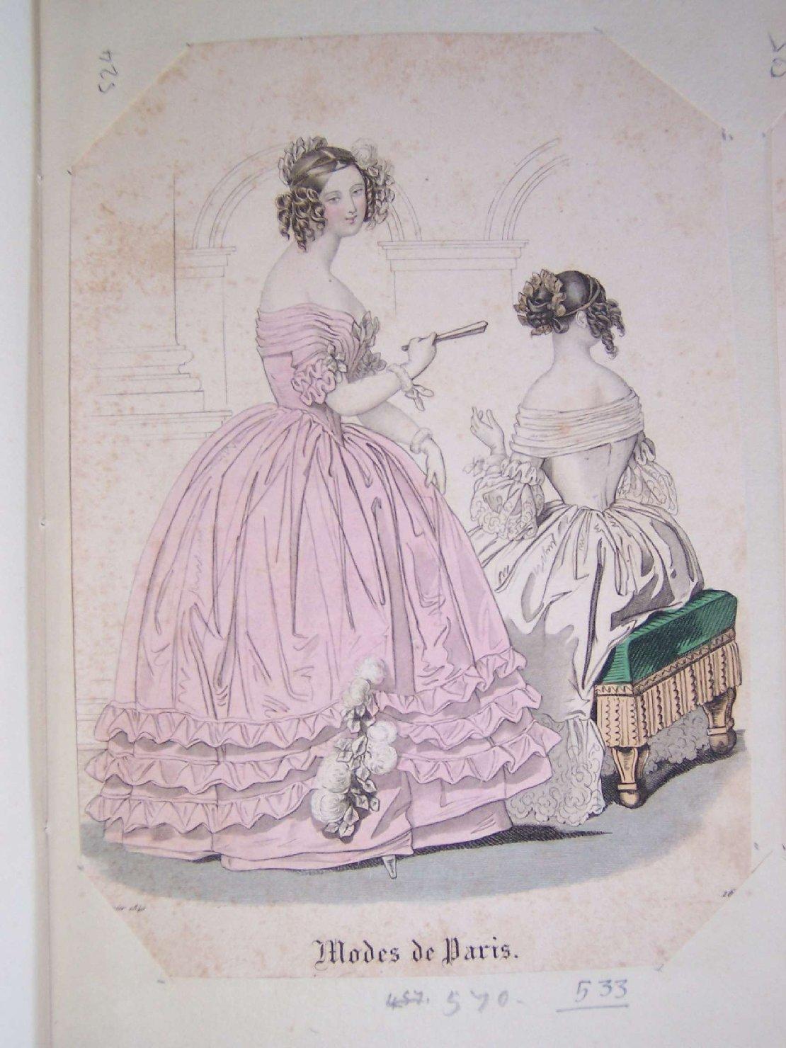 due signore in abito alla moda di Parigi (stampa) - ambito europeo (sec. XIX)