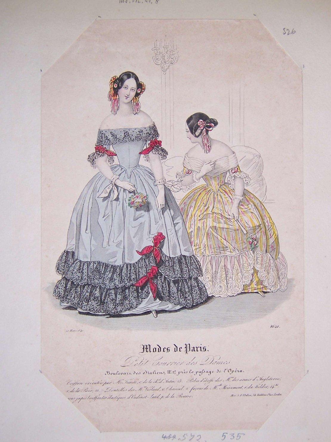 due signore in abito alla moda di Parigi (stampa) - ambito europeo (sec. XIX)