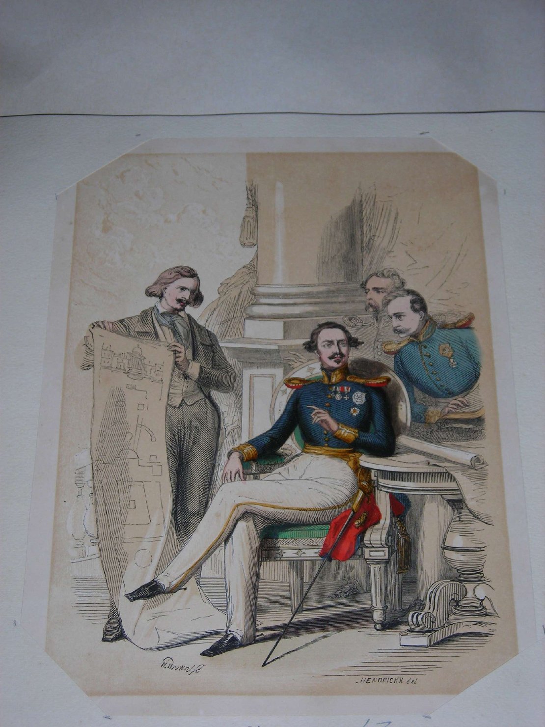 progetto di un edificio mostrato ad sovrano (stampa) di Hendrickx L. Henri, Brown W (sec. XIX)