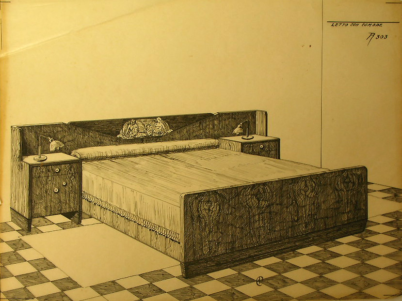 Letto con comode, Letto e comodino (disegno, serie) - ambito pisano (sec. XX)