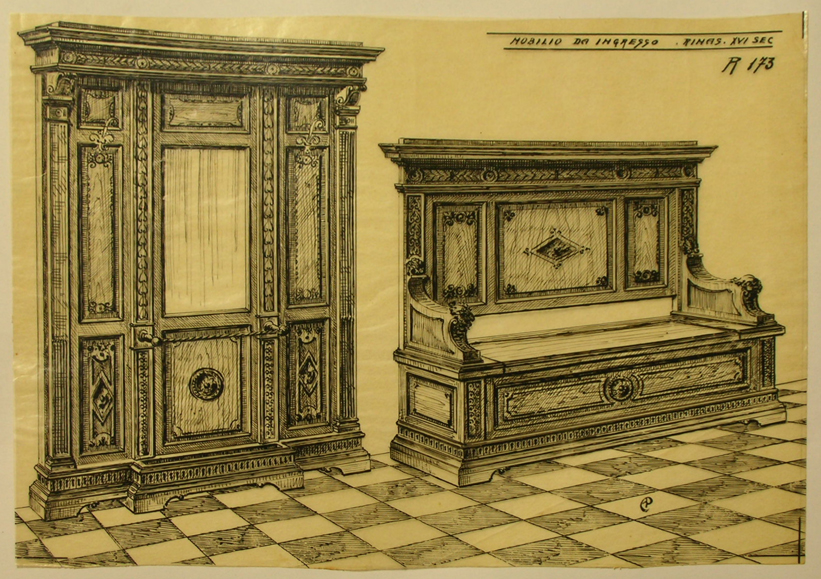 Mobilio da ingresso, Appenidiabiti e cassapanca (disegno) - ambito pisano (secondo quarto sec. XX)