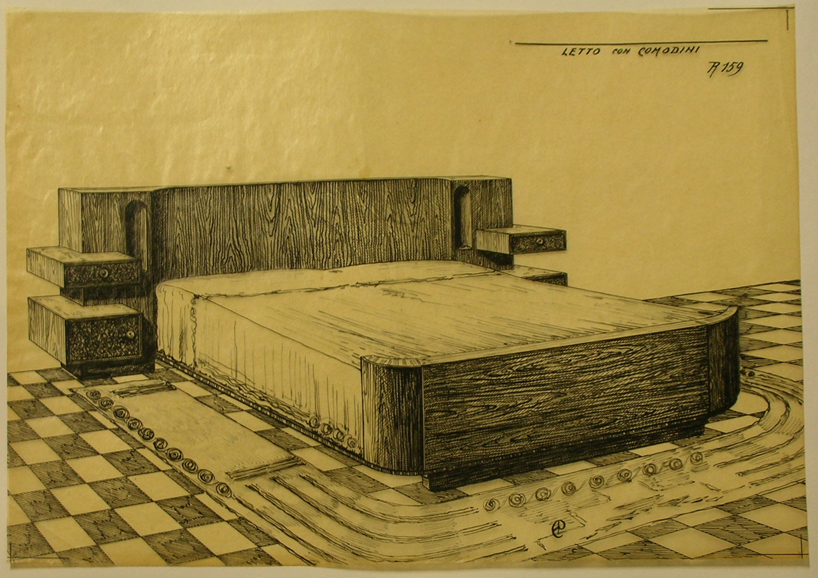 Letto con comodini, Comodino e letto (disegno, serie) - ambito pisano (sec. XX)