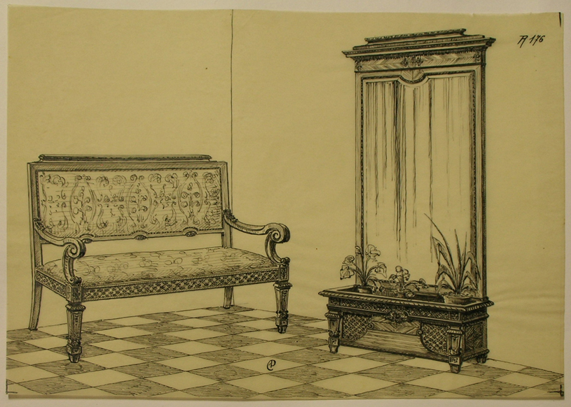 Specchiera e divano (disegno, serie) - ambito pisano (sec. XX)