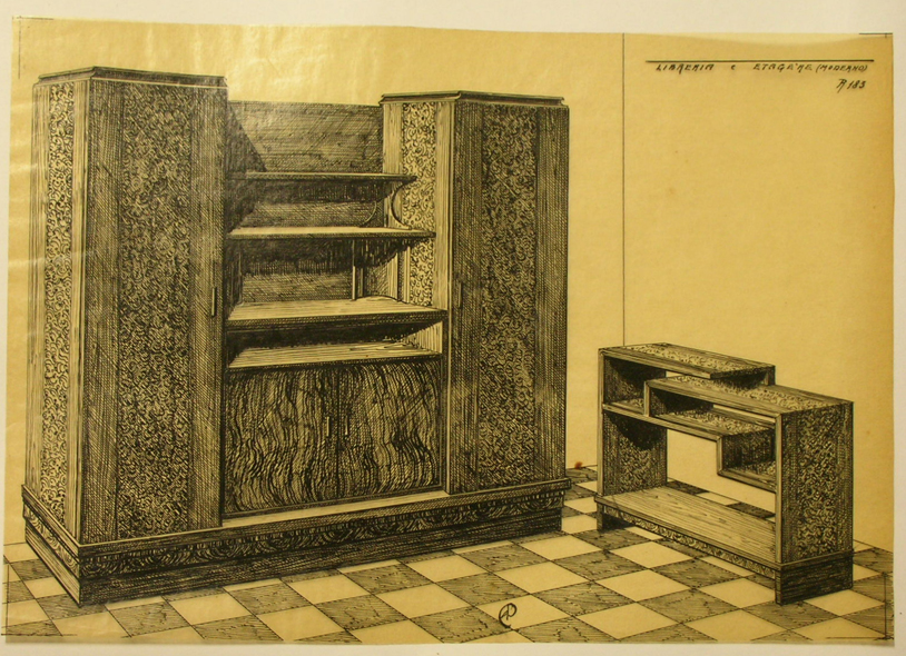 Libreria e etagere, Libreria e mobiletto (disegno, serie) - ambito pisano (sec. XX)