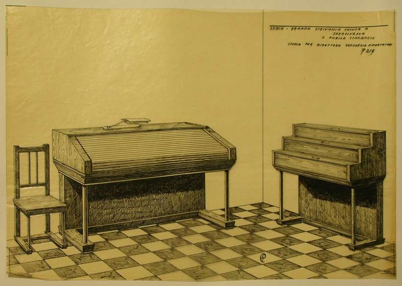 Studio per direttore, Sedia, scrivania e schedario (disegno) - ambito pisano (sec. XX)