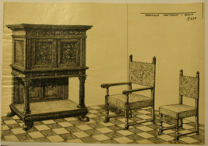 Madiella poltrona e sedia, Madia, poltrona e sedia (disegno) - ambito pisano (sec. XX)