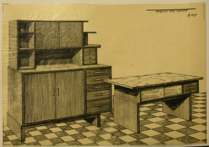 Mobilio per cucina, Credenza e tavolo (disegno) - ambito pisano (sec. XX)