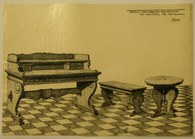 Tavolo-scrittoio, tavolo per macchina da scrivere, tavolo per telefono, Scrittoio e tavoli (disegno, serie) - ambito pisano (sec. XX)