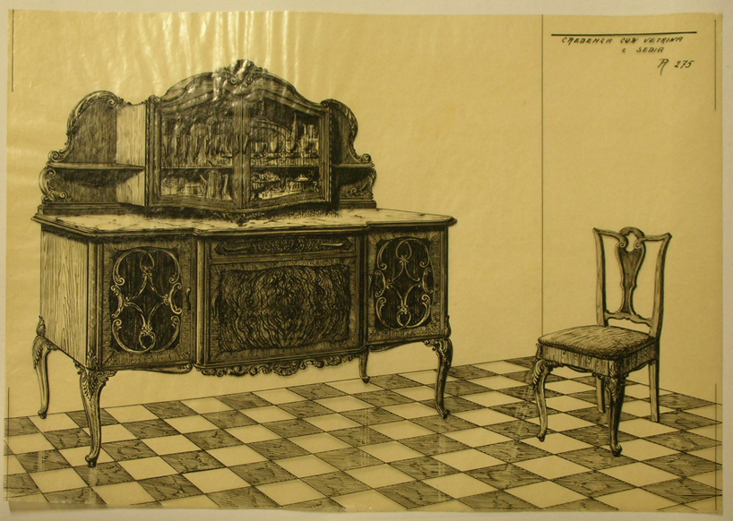 Credenza con vetrina e sedia, Credenza e sedia (disegno, serie) - ambito pisano (sec. XX)