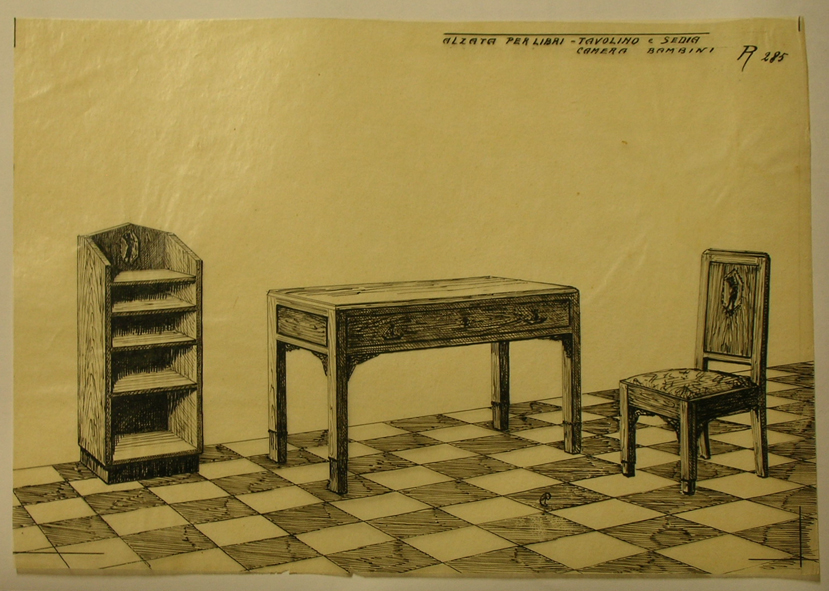Camera per bambini, Tavolo, sedia, libreria (disegno, serie) - ambito pisano (sec. XX)