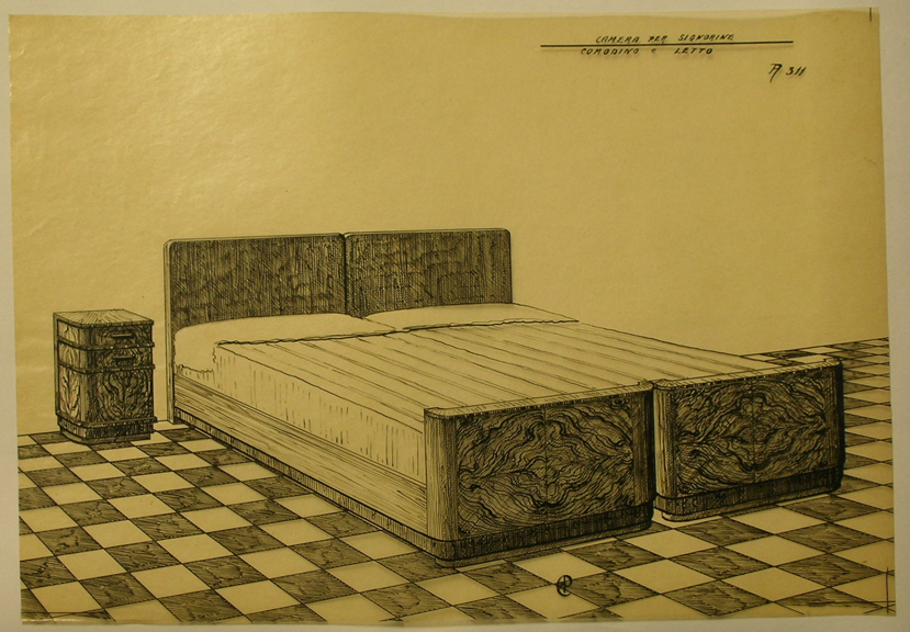 Camera per signorine, Comodino e letto (disegno, serie) - ambito pisano (sec. XX)