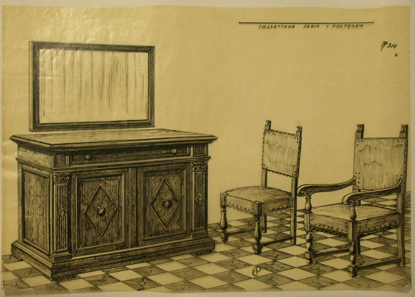 Cassettone sedia e poltrona, Cassettone, sedia e poltrona (disegno, serie) - ambito pisano (sec. XX)