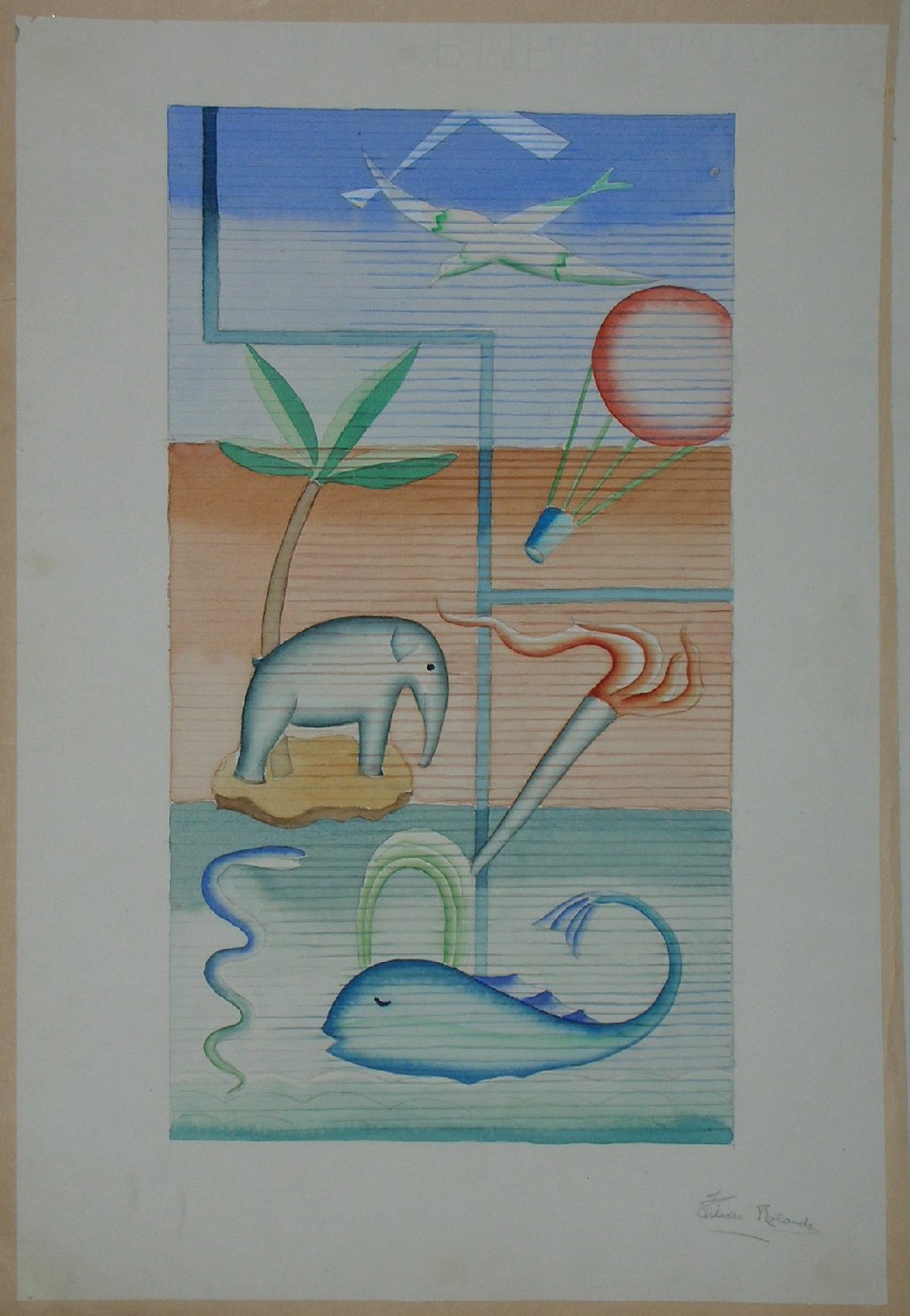composizione decorativa con animali e mongolfiera (disegno, opera isolata) - ambito pisano (sec. XX)