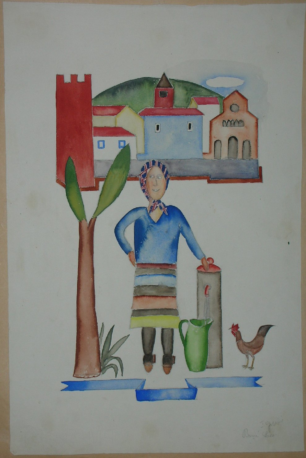 donna che attinge l'acqua alla fontana (disegno, opera isolata) - ambito pisano (sec. XX)