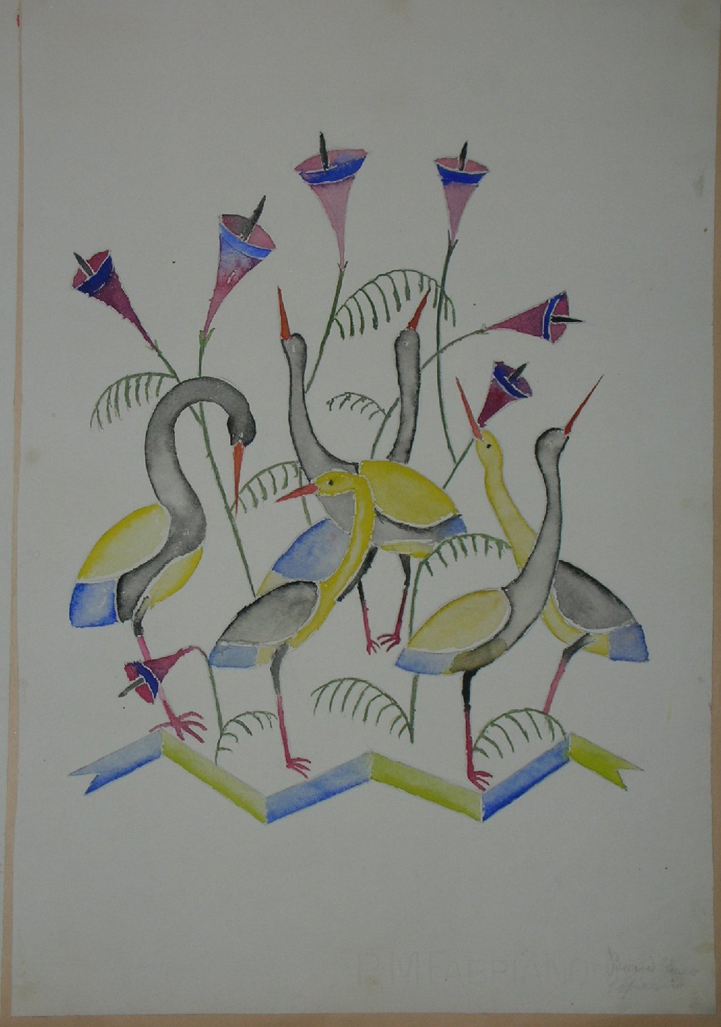 composizione decorativa con uccelli e piante (disegno, opera isolata) - ambito pisano (sec. XX)
