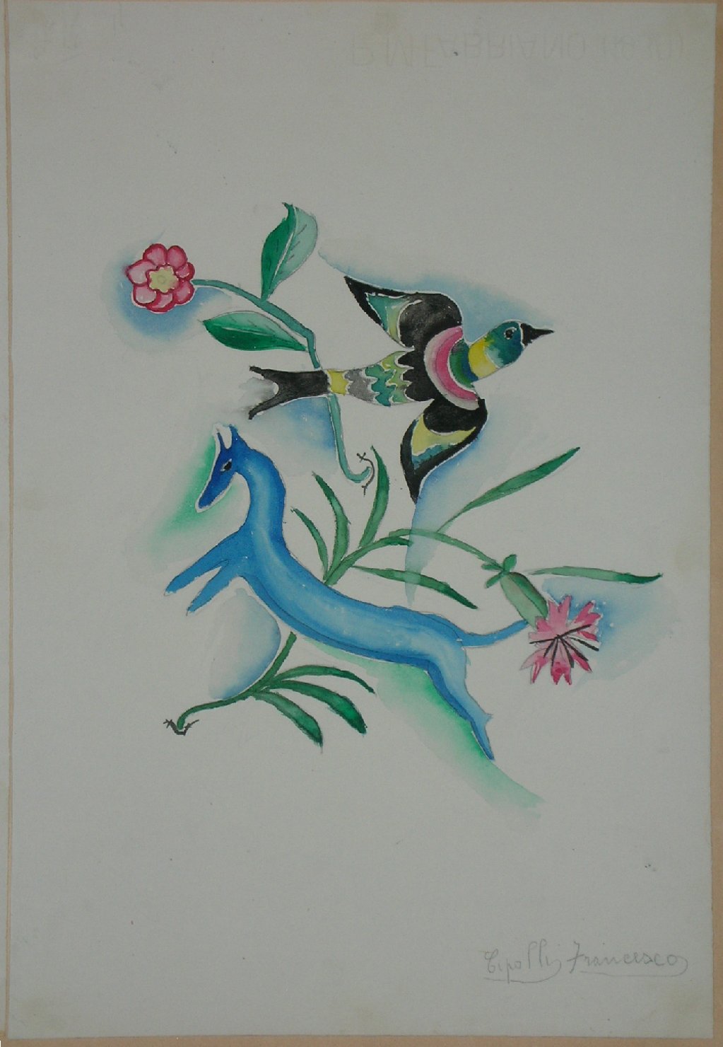 composizione ornamentale con cavallo, uccello e fiori (disegno, opera isolata) - ambito pisano (sec. XX)