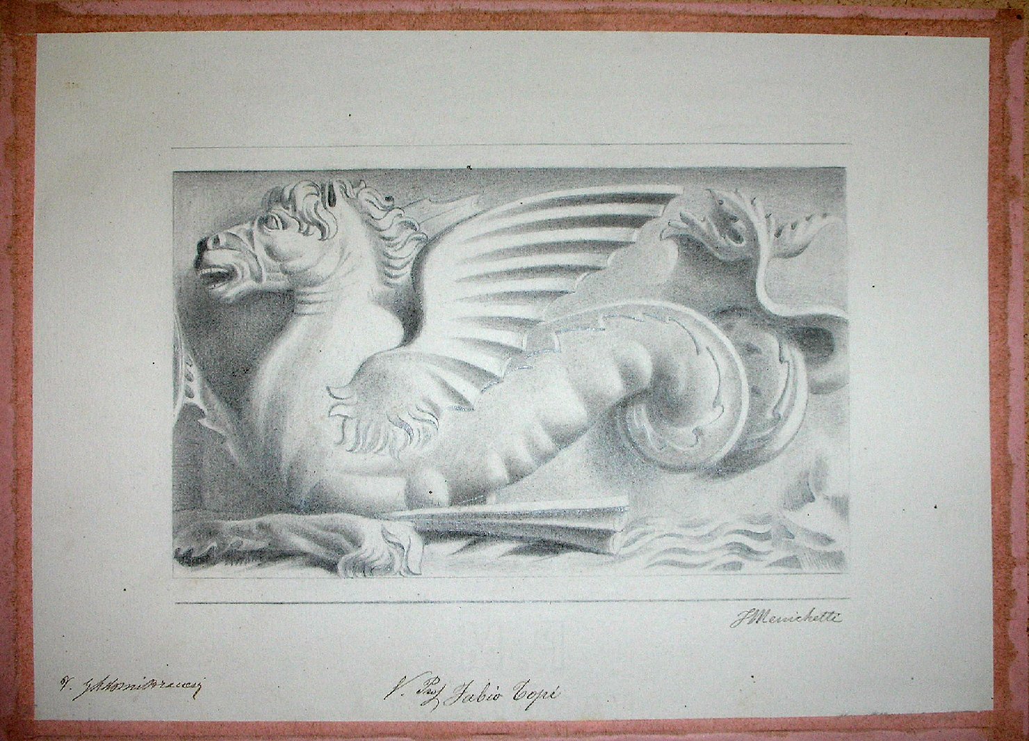 Studio di un calco in gesso raffigurante motivo decorativo zoomorfo (disegno) - ambito pisano (sec. XIX)