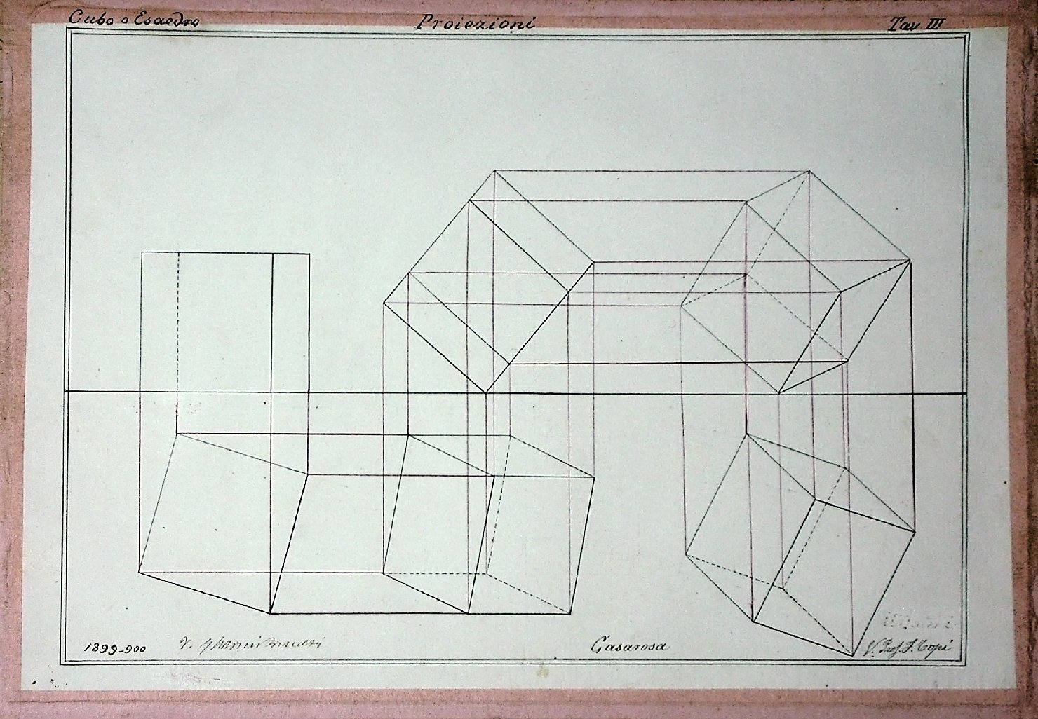 Proiezioni: Cubo o esaedro, Studio geometrico (disegno) - ambito pisano (secc. XIX/ XX)