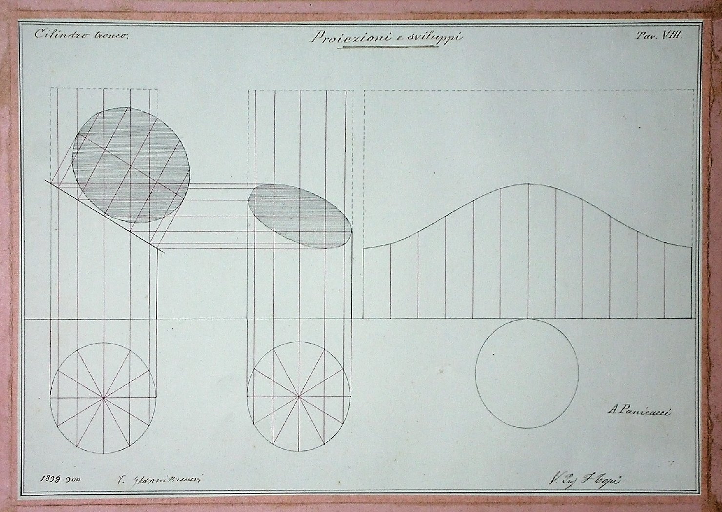 Proiezioni e sviluppi: Cilindro tronco, Studio geometrico (disegno) - ambito pisano (secc. XIX/ XX)