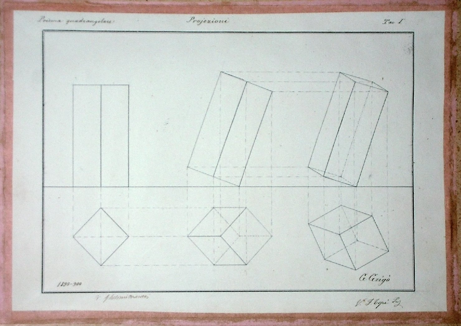 Proiezioni: Prisma quadrangolare, Studio geometrico (disegno) - ambito pisano (secc. XIX/ XX)