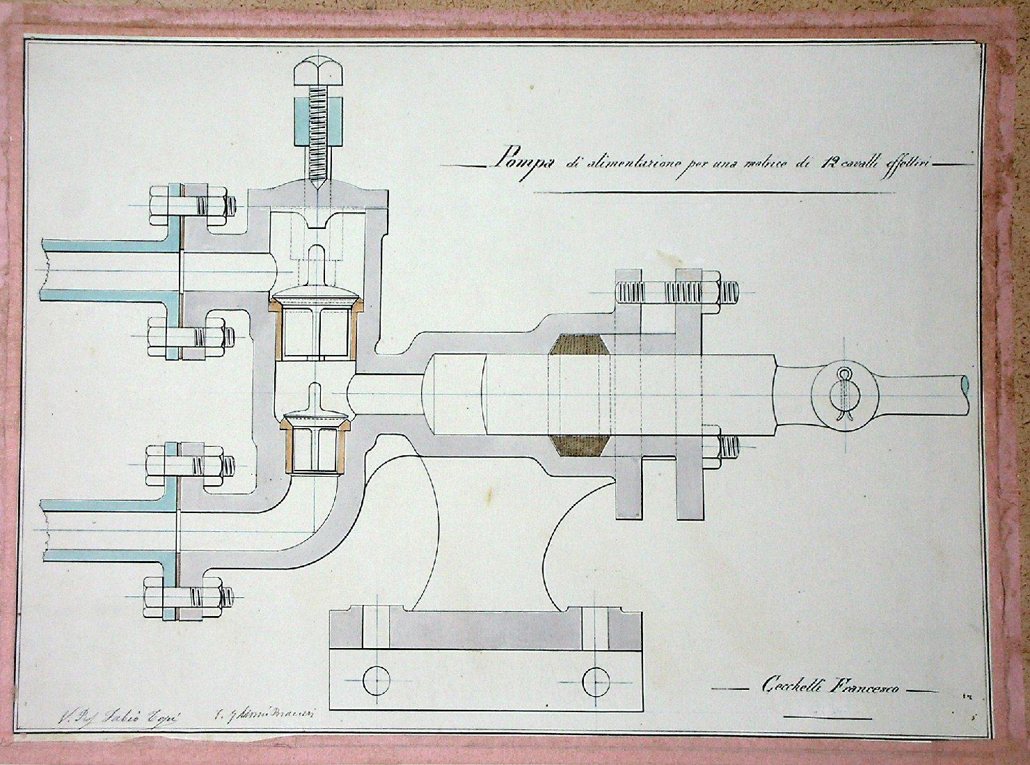 Pompa di alimentazione per una motrice di 12 cavalli effettivi, Progetto di macchinarii (disegno) - ambito pisano (sec. XX)
