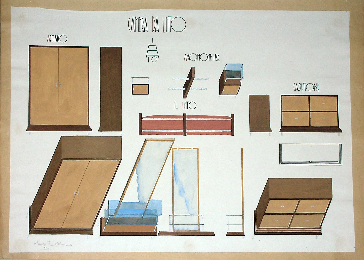 Camera da letto, Arredamento da interni (disegno) - ambito pisano (sec. XX)