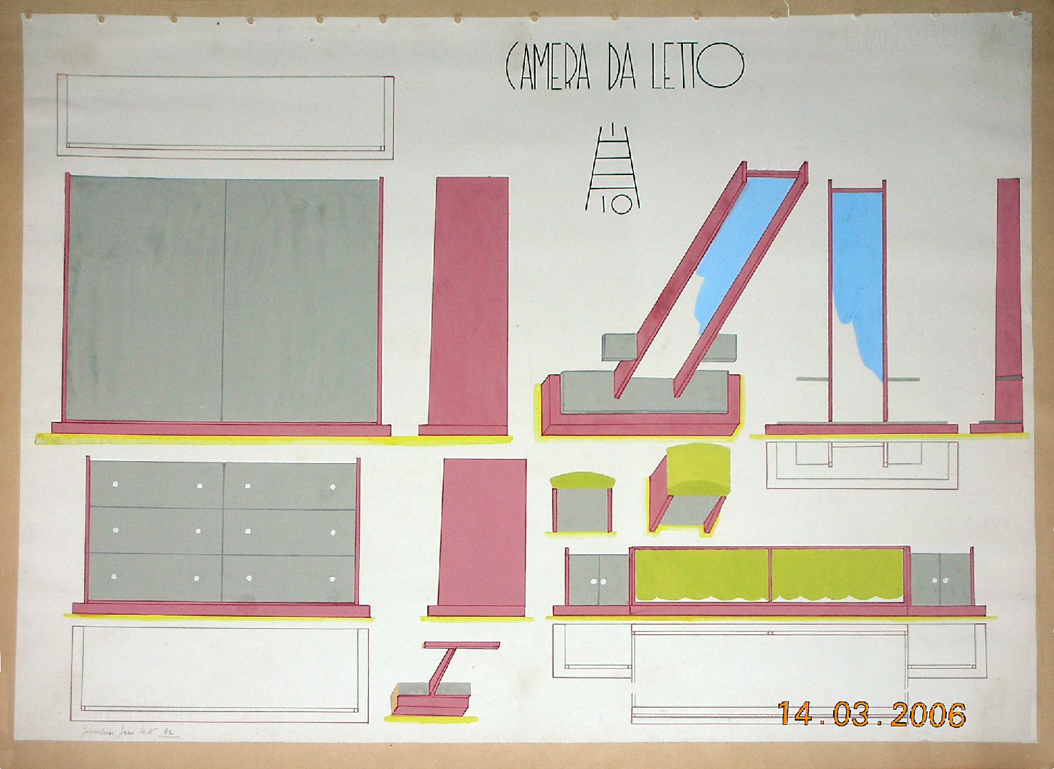 Camera da letto, Arredamento da interni (disegno) - ambito pisano (sec. XX)