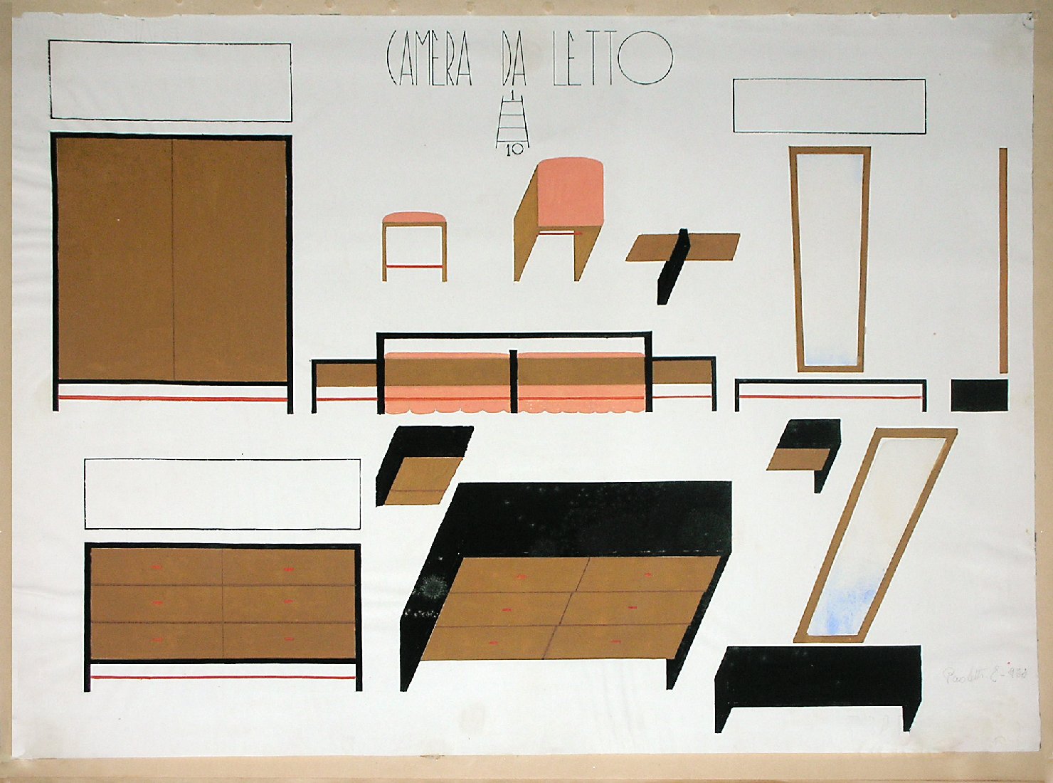 Camera da letto, Progetto di mobilia (disegno) - ambito pisano (sec. XX)