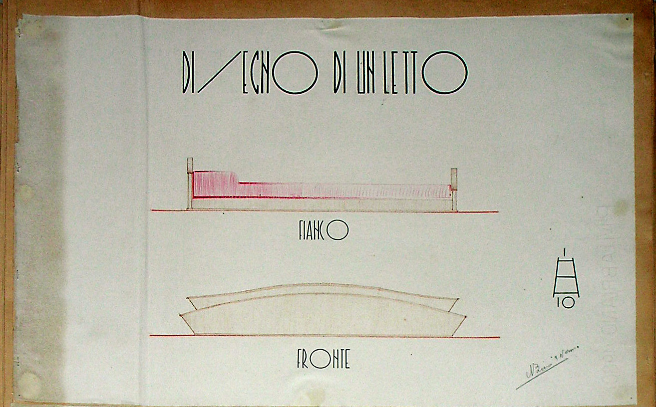 Disegno di un letto, Progetto di mobilia (disegno) - ambito pisano (sec. XX)