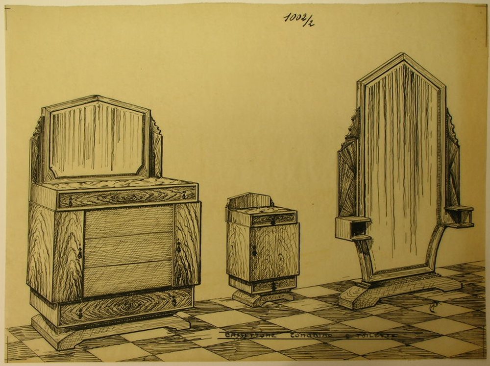 Cassettone comodino e toilette, Mobili da camera (disegno, serie) - ambito pisano (secondo quarto sec. XX)