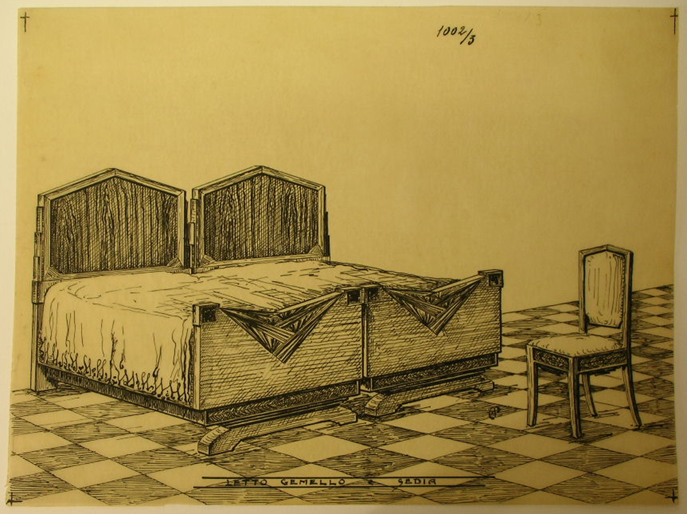Letto gemello e sedia, Mobili da camera (disegno, serie) - ambito pisano (secondo quarto sec. XX)