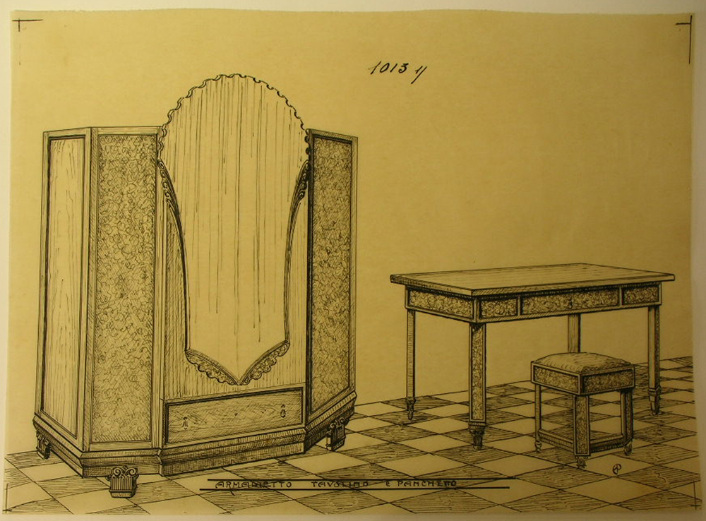 Armadietto tavolino e panchetto, Mobili per camera da letto (disegno, serie) - ambito pisano (secondo quarto sec. XX)