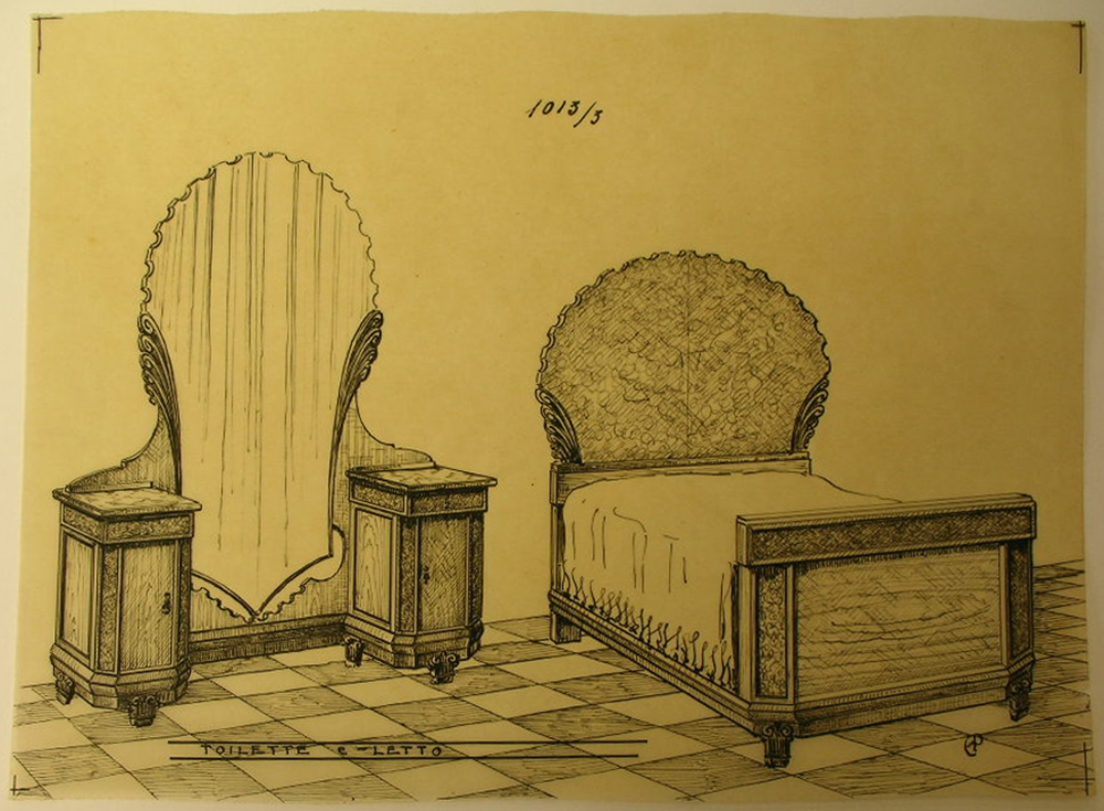 Toilette e letto, Mobili per camera da letto (disegno, serie) - ambito pisano (secondo quarto sec. XX)