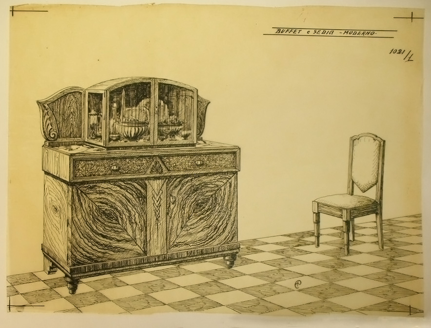 Buffet e Sedia - Moderno, Credenza e sedia (disegno, serie) - ambito pisano (secondo quarto sec. XX)