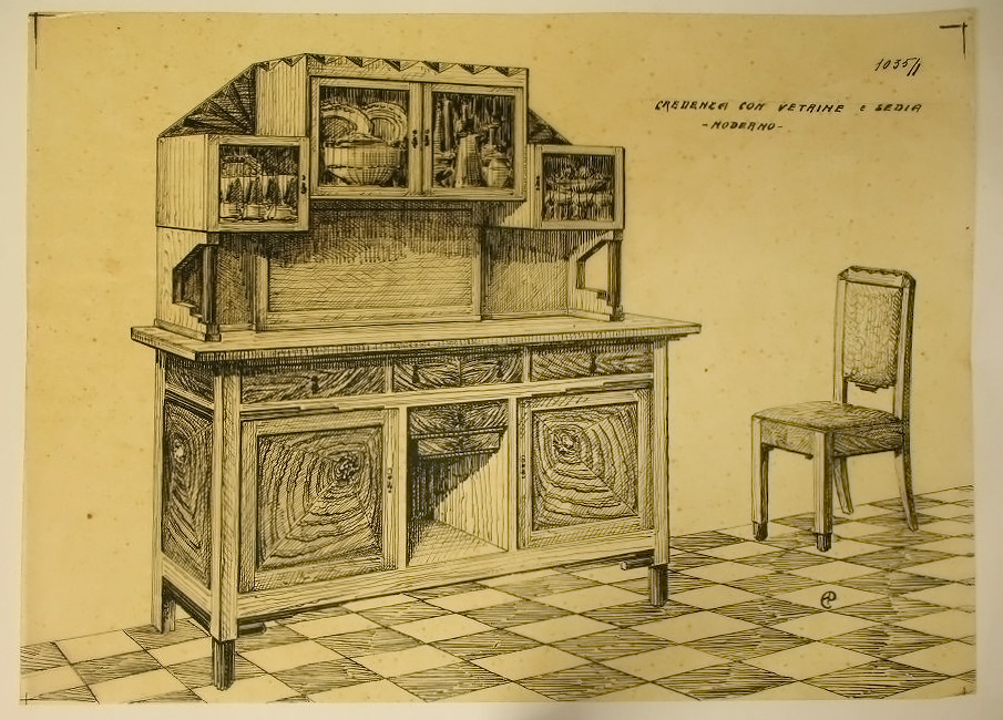 Credenza con vetrine e sedia - moderno -, Credenza e sedia (disegno, serie) - ambito pisano (secondo quarto sec. XX)