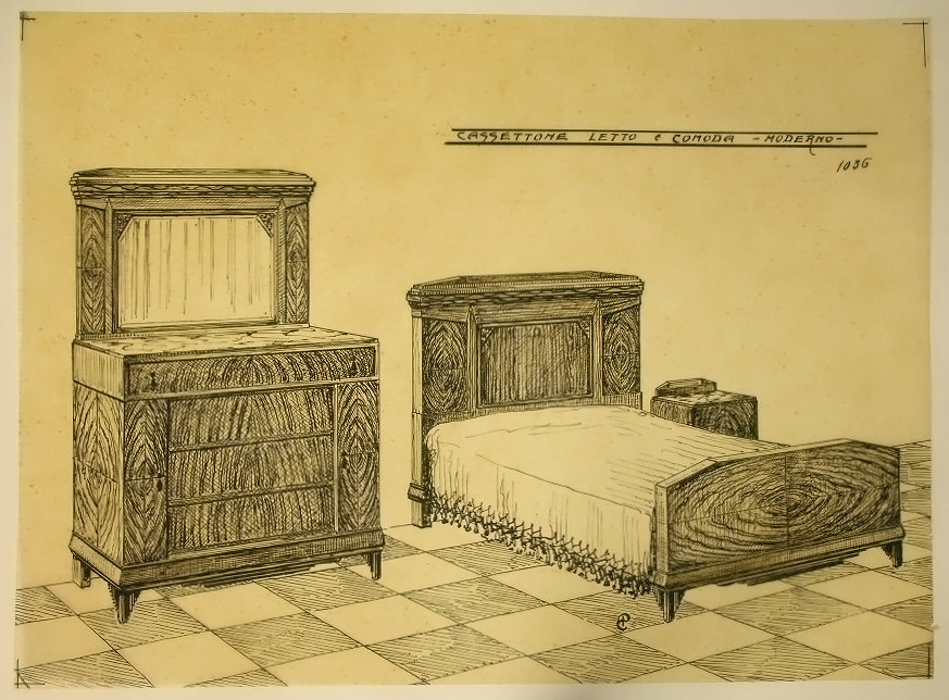 Cassettone letto e comoda - moderno - [sic], Canterale, letto e comodino (disegno, serie) - ambito pisano (secondo quarto sec. XX)
