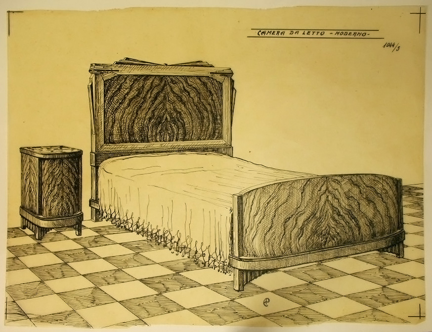 Camera da letto, Letto e comodino (disegno, serie) - ambito pisano (secondo quarto sec. XX)