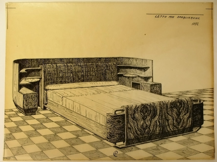 LETTO CON SPAGLIERONE [sic], Letto (disegno, serie) - ambito pisano (secondo quarto sec. XX)