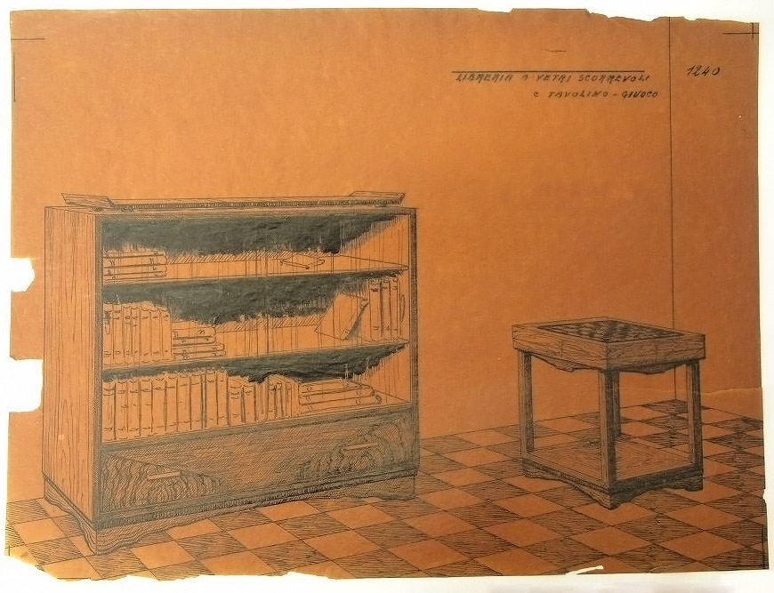 Libreria a vetri scorrevoli e tavolino giuoco [sic], Libreria e tavolo (disegno) - ambito pisano (secondo quarto sec. XX)