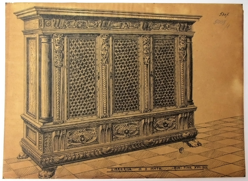 Libreria a tre ante - rinascimento fine XVI sec, Libreria (disegno, serie) - ambito pisano (secondo quarto sec. XX)