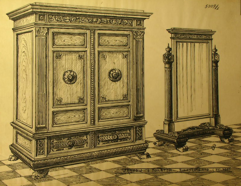 Armadio e toiletta - Rinascimento (XVI sec), Armadio e toilette (disegno, serie) - ambito pisano (secondo quarto sec. XX)