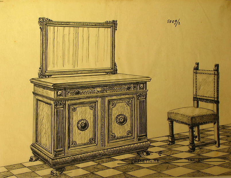Cassettone sec XVI, Cassettone e sedia (disegno, serie) - ambito pisano (secondo quarto sec. XX)