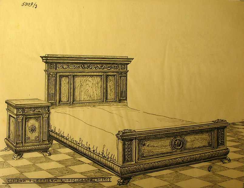Comoda e lettiera - Rinascimento (XVI sec), Comodino e letto (disegno, serie) - ambito pisano (secondo quarto sec. XX)
