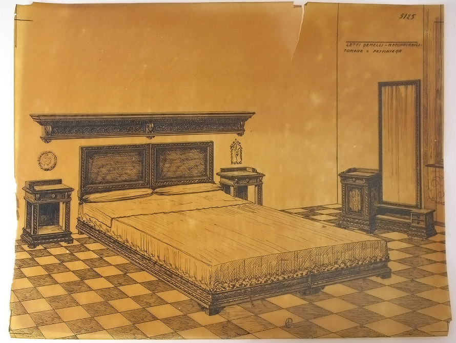 Letti gemelli accoppiabili, comode e pettiniera, Letto, comodino e toilette (disegno, serie) - ambito pisano (secondo quarto sec. XX)