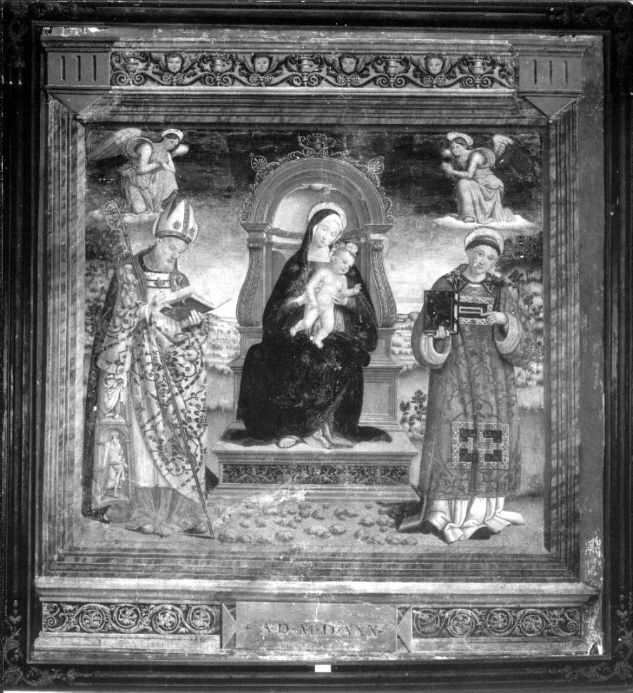 Madonna in trono con Bambino e Santi (dipinto, opera isolata) di Giovanni di Pietro detto Spagna (cerchia) (sec. XVI)