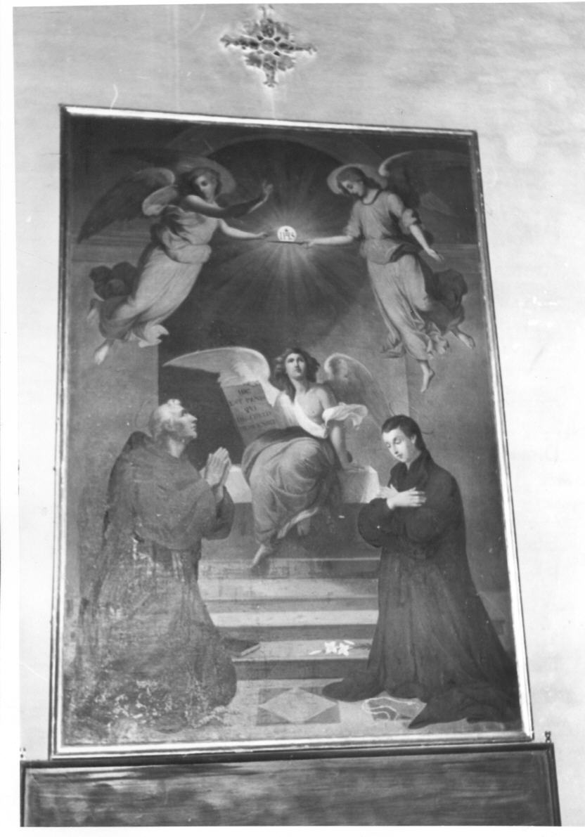 San Luigi Gonzaga, Sant'Antonio da Padova e angeli sorreggenti l'ostia consacrata (dipinto) - ambito italiano (sec. XIX)